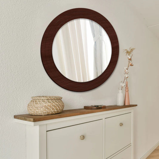 Round Wooden Wall Mirror – Modern Solid Wood Frame Decorative Mirror for Bathroom, Bedroom & Living Room