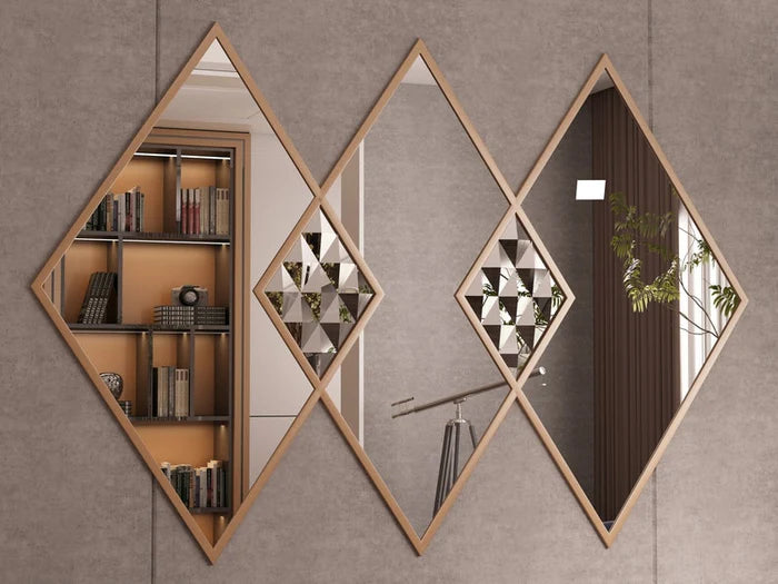Diamond Wall Mirror Set – Modern Wooden Frame Geometric Mirrors for Living Room, Bedroom & Entryway