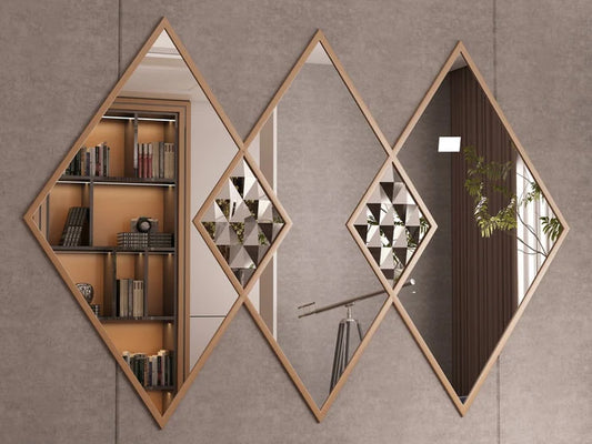 Diamond Wall Mirror Set – Modern Wooden Frame Geometric Mirrors for Living Room, Bedroom & Entryway