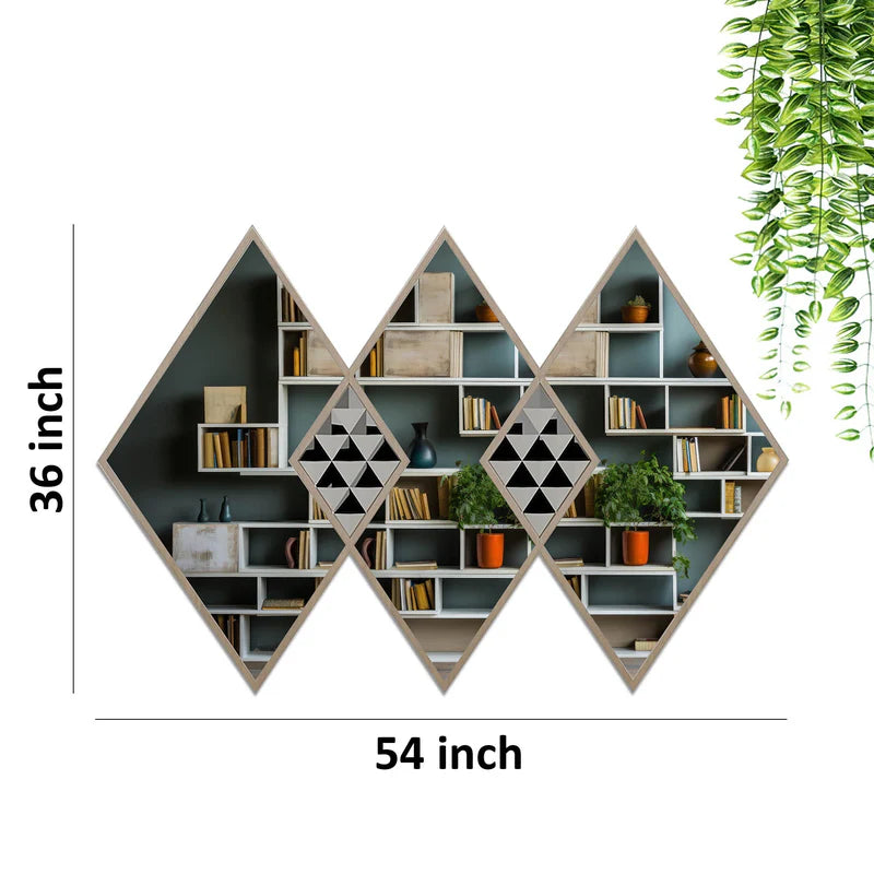 Diamond Wall Mirror Set – Modern Wooden Frame Geometric Mirrors for Living Room, Bedroom & Entryway