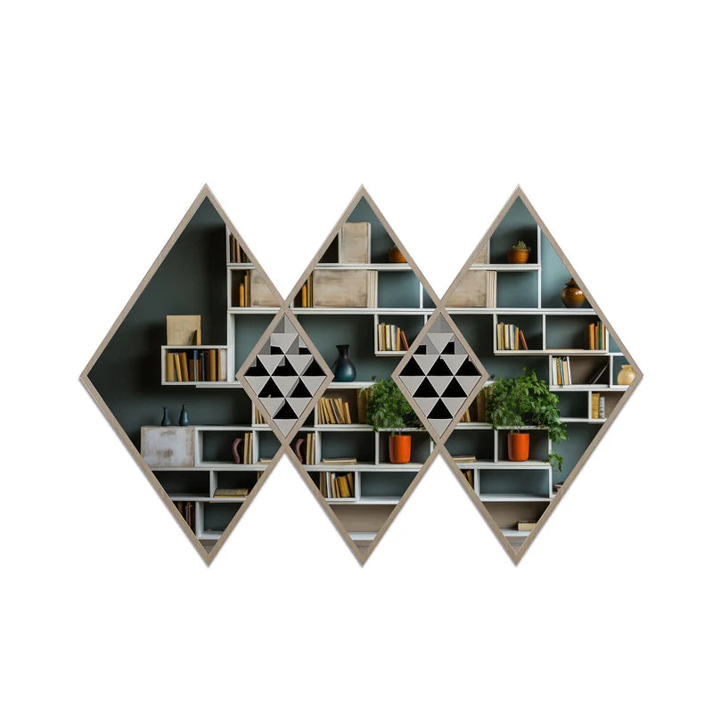 Diamond Wall Mirror Set – Modern Wooden Frame Geometric Mirrors for Living Room, Bedroom & Entryway