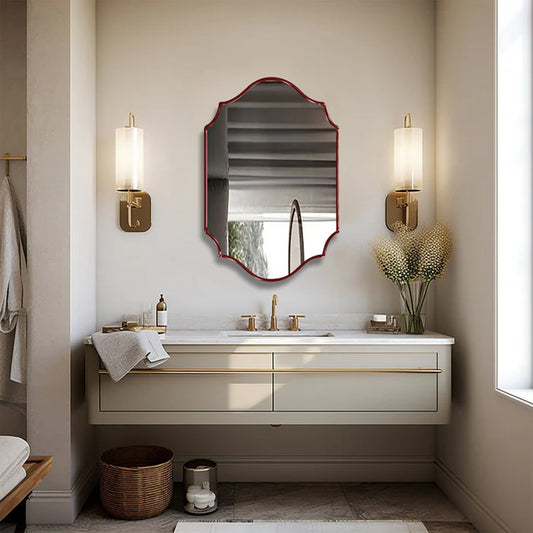 Vintage Scalloped Wall Mirror – Red Trim Decorative Vanity Mirror for Bathroom, Bedroom & Entryway