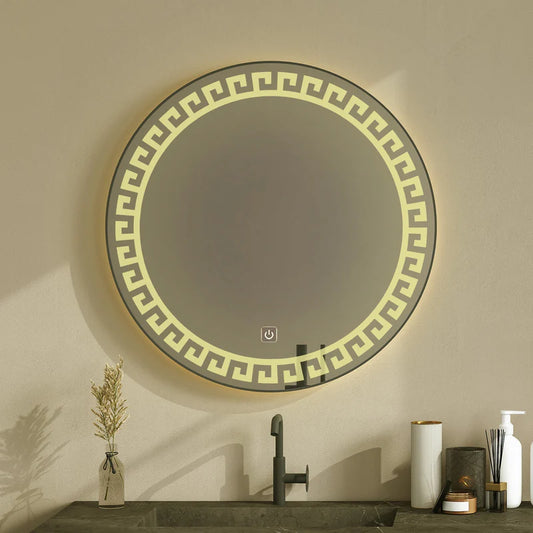 Round LED Bathroom Mirror with Touch Sensor – Anti-Fog Smart Lighted Vanity Mirror with Greek Key Design