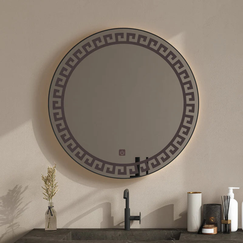 Round LED Bathroom Mirror with Touch Sensor – Anti-Fog Smart Lighted Vanity Mirror with Greek Key Design