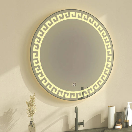 Round LED Bathroom Mirror with Touch Sensor – Anti-Fog Smart Lighted Vanity Mirror with Greek Key Design